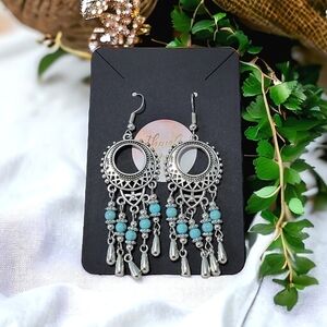 Turquoise Silver Tone Boho Earrings